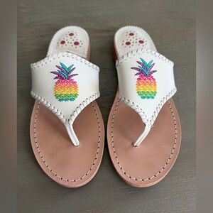 Jack Rogers classic leather flat sandal size 7.5 white with rainbow pineapples